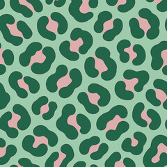 Seamless leopard pattern with green spots and soft pink accents on a light background. Modern EPS-style design, playful and trendy, for fashion prints, textiles, branding, and decorative surfaces. © Bediha Duru Öksüz