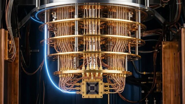 Quantum Computer Interior: Superconducting Qubit Array Inside Dilution Refrigerator, Gold Wiring