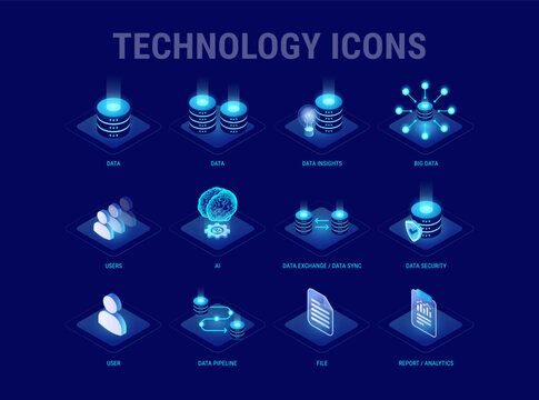 Technology icons set for workflow diagram - Big data, AI, users, database, security, data sync, report, pipeline - best isometrics vector