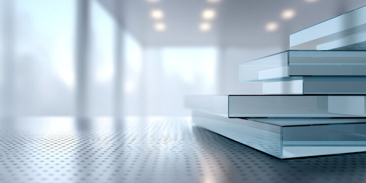Stack of transparent glass sheets on perforated metal surface in bright modern interior with blurred background