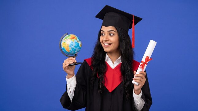 indian female graduate holding globe and diploma global education concept. abroad opportunity concept
confident indian student with diploma and globe ca