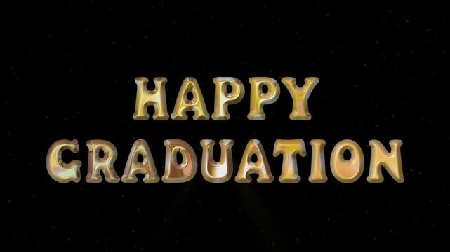 happy graduation word animation 3d gold chrome on dark background. 4k 3D render text animation. Perfect for background visuals, motion graphics, branding, textiles, wallpapers, and digital design 