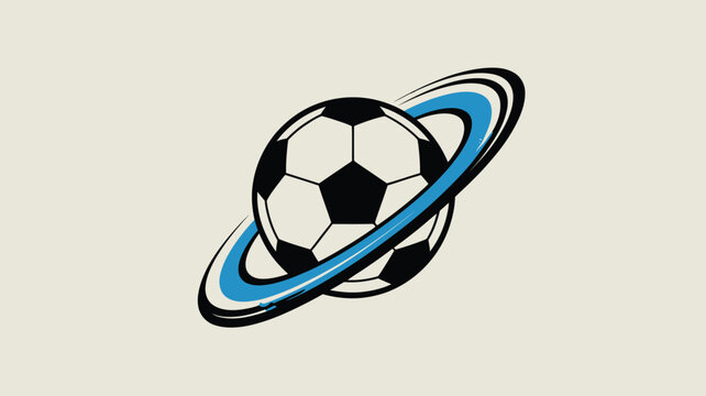 Soccer ball planet logo with blue orbital rings, dynamic football sports emblem vector, galactic soccer planet icon for athletic branding