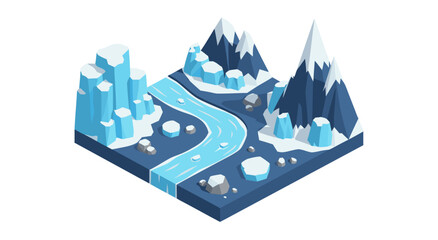 Beautiful Isometric Vector Illustration of a Winter Landscape with Mountains and a Frozen River, a Cold Scenic View © Purnomo
