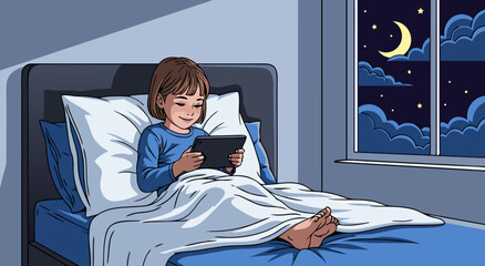 Cute young child in bed, reading an e-book on a tablet computer in a nighttime scene, vector illustration