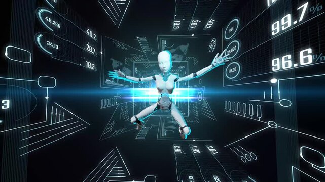3d humanoid cyborg character floating in a three-dimensional data void. Video montage and circuit boards shows Ai content generator
