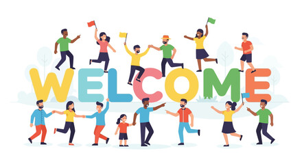 Fototapeta premium Diverse people jumping welcome celebration.