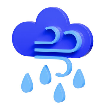 3D weather icon of a blue cloud with wind lines and falling raindrops, representing windy rainy conditions. Ideal for weather apps, forecasts