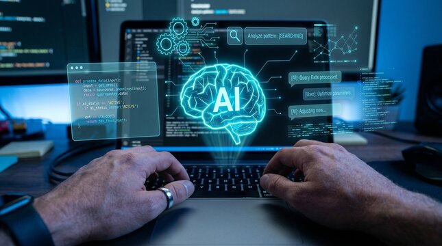 Vibe coding tool. AI assisted software development and automated error or bug detection. Programmer using AI to generate code for creating applications on