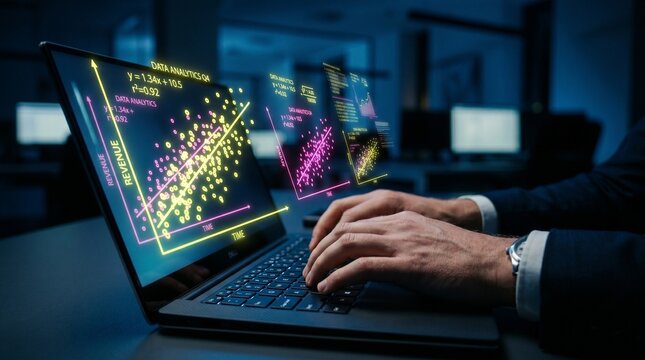 Regression analysis. Linear regression chart. Predicting trends with historical business data. Businessperson using laptop computer to make data-driven
        ...