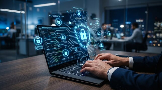 Network security with microsegmentation and access control systems. Firewalls to prevent unauthorized intrusion. Businessman using laptop computer with secure communication