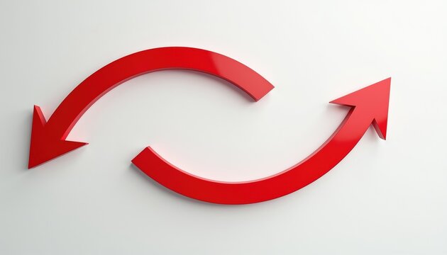 Two vibrant red arrows form a continuous loop on a white background. They illustrate cyclical motion, repetition, and ongoing processes. This graphic conveys dynamic change and continuous flow.