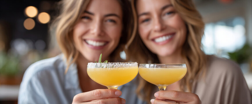 Two young women smiling and holding yellow cocktails in a cozy indoor setting with blurred background and warm lighting
