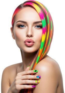 macro shot of a glamorous caucasian woman's kissing pout, holding her neon-colored hair, high-key clamshell lighting against white cyc wall, concept of maximalist beauty expression