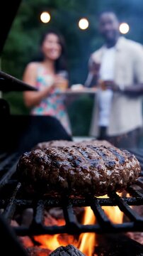 Burger patty grilling on barbecue with flames and blurred people in background. Concept of food, cooking, grilling, outdoor dining, lifestyle. Vertical video