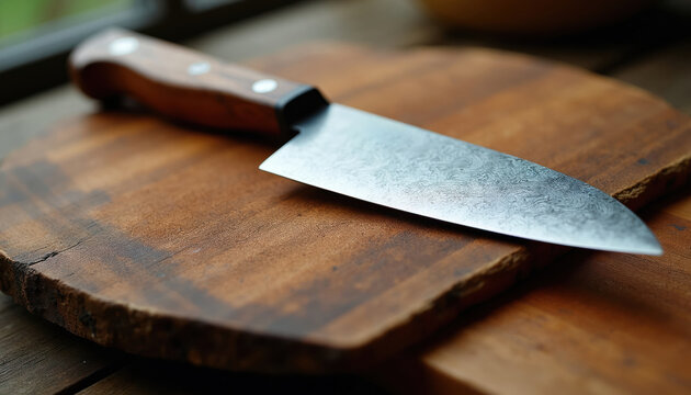 Japanese chef knife with Damascus steel blade and wood handle lies on wooden cutting board. This sharp utensil is ready for food prep. Kitchen equipment for cooking.