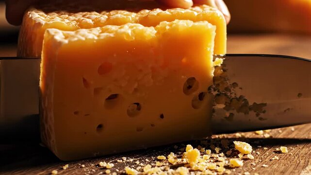 Block of cheese being sliced with knife showing texture and crumbs in macro view. Concept of food, dairy, cooking, ingredients, cuisine.