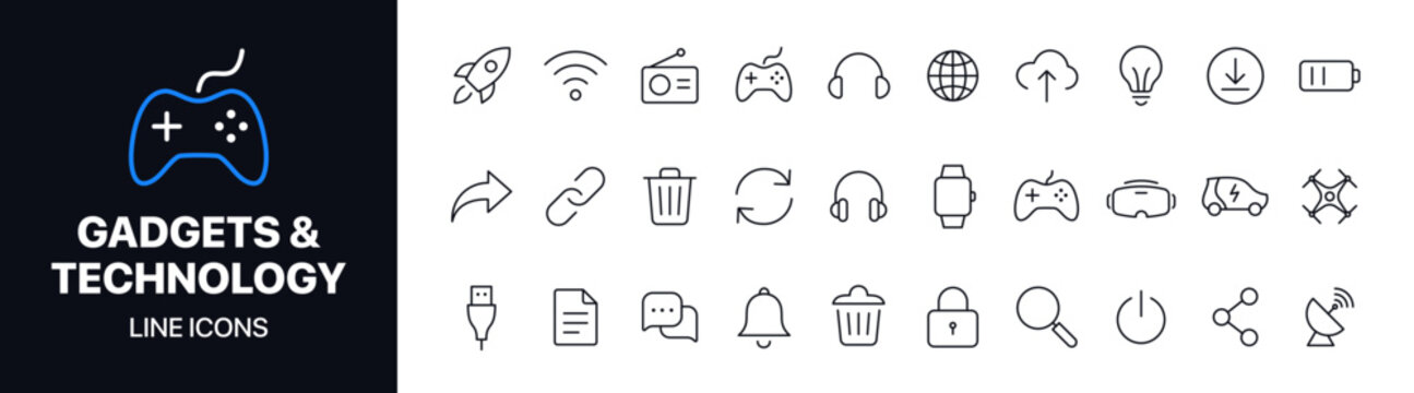Clean gadgets and technology line icons vector set featuring devices, electronics, connectivity, and digital tools. Ideal for tech apps, websites, UI design, and modern digital platforms.