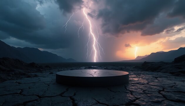 Matte black podium on cracked ground with dramatic lightning strike during stormy sunset over barren mountains. Natural disaster power. Moody atmospheric scene.