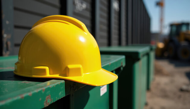 Yellow hard hat rests on green dumpster near metal fence. Construction site background with loader vehicle and crane. Safety gear protects workers. Building project underway in sunny urban area.