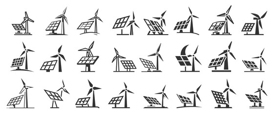 Fototapeta premium Renewable Energy Sustainable Power Icons Featuring Solar Panels and Wind Turbines in Flat Style