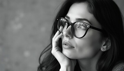 Fototapeta premium Close-up black and white portrait of a woman wearing glasses looking thoughtfully upwards. Her hand rests on her chin, conveying introspection. She appears intelligent and serene.