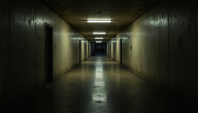 Empty, dark corridor with overhead lights. Doors line the hall walls. A long, narrow hallway stretches into the distance. Dimly lit interior space.
