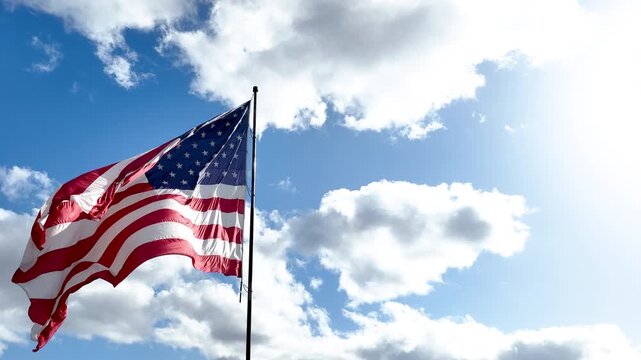 US Flag Waving in Wind with Slow Moving Camera and Cloudy Sky
