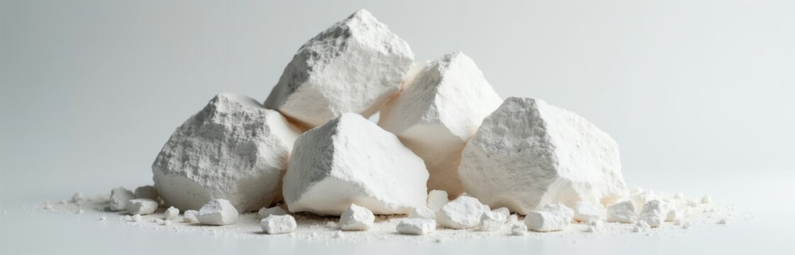 White chalk rocks and powder scattered on clean surface. Natural calcium carbonate mineral samples, soft porous material for writing and art.