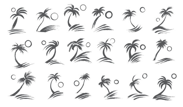Style Ink Wash Palm Tree and Sun Icons for Wellness and Tropical Spa Branding