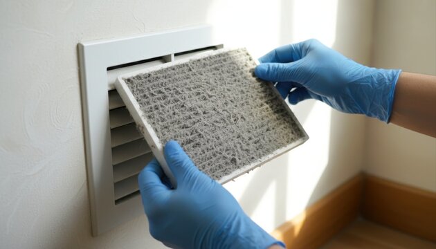 Gloved hands extract a thick, dust-filled air filter from a white wall vent, highlighting home cleaning.