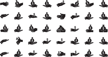 Naklejka premium Hands Offering and Receiving Money Bags with Dollar Signs Silhouette Collection set