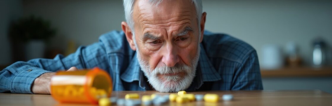 Elderly man looks at pills on table. Senior citizen considers medication choices, contemplating health care needs. Old man with beard faces choice about taking pills.