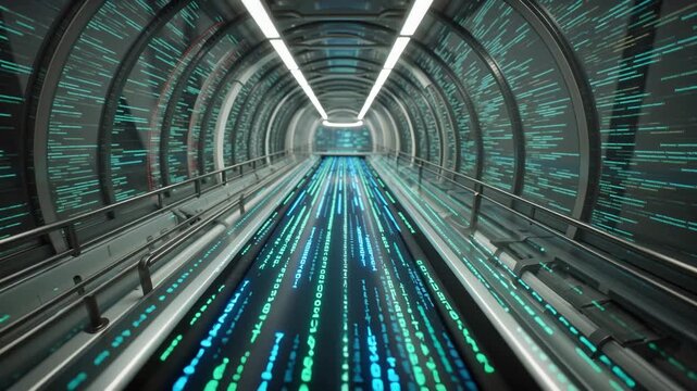 Long exposure shot of a futuristic tunnel with blue and green neon lights on the floor and walls, leading to a distant exit with a sleek metallic railing on both sides.