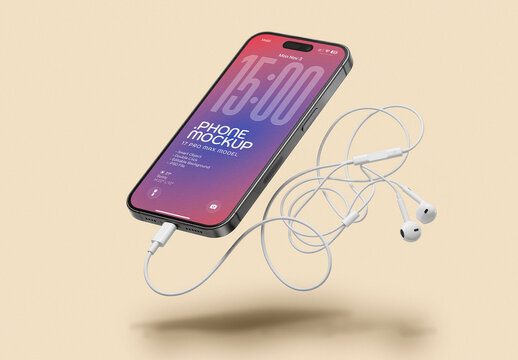Smartphone Mockup With Earphones on Editable Background. Floating Phone For Product Placement
