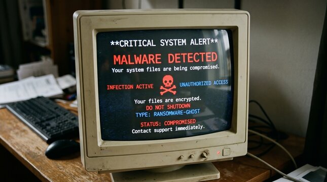 A beige vintage monitor displays a chilling ransom note: "MALWARE DETECTED." This image juxtaposes outdated hardware with modern digital dread, evoking a feeling of inescapable, archaic vulnerability.