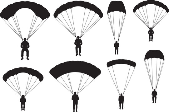parachuters in various aerial positions, silhouettes