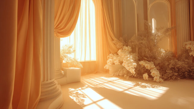 Sunlit Golden Hall with Draped Fabric and Columns
