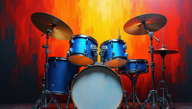 Blue drum kit on fiery abstract background. Percussion instrument with cymbals and drums. Dynamic scene with bright colors. Rock music stage setup.