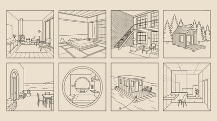 Fototapeta premium Minimalist Line Art Collection of Modern and Tiny Living Spaces Homes and Interior Designs