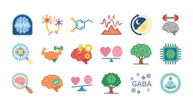 Comprehensive Brain Health and Mind Management Vector Icon Set for Wellbeing and Cognitive Function
