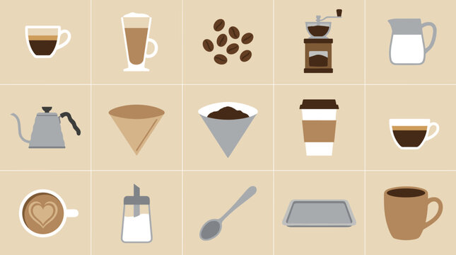 Flat lay of diverse coffee elements and related items on a beige background inviting warmth