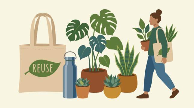 Woman walk with plants and eco-friendly items promote reuse and environmental care vector illustration