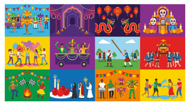 Vibrant International Culture Celebration Mosaic: Diverse Traditions Festivals and Holidays Graphic