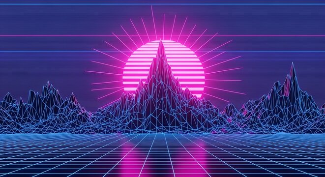 Retrowave Neon Mountains with Glowing Sun and Digital Grid