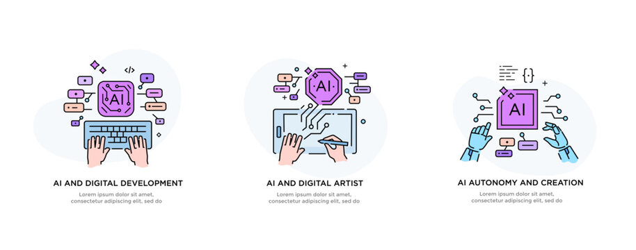 Set of illustrations concept with businessmen. technology, partnership, artificial intelligence business robot, cybes. linear illustration Icons infographics. Landing page site print poster. Line