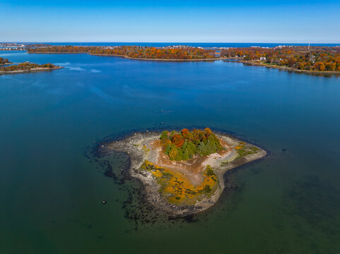 Button Island in fall aerial view in Hingham Harbor in town of Hingham near Boston, Massachusetts MA, USA. This Island belongs to Boston Harbor Islands Park. 