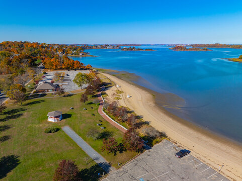 Hingham Harbor aerial view including historic waterfront village and Bathing Beach in town of Hingham near Boston, Massachusetts MA, USA.