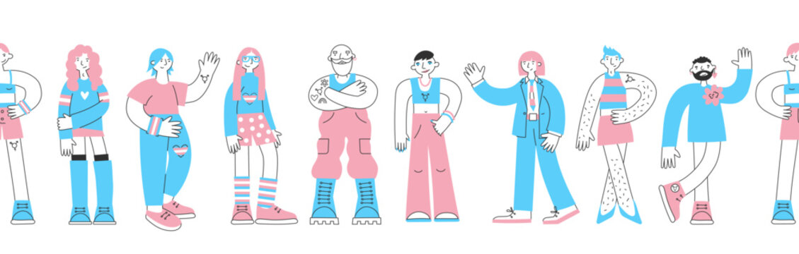 Trans modern people seamless border. Individuality, self-expression, confidence and identity concept. Genderqueer and transgender awareness and inclusion.
