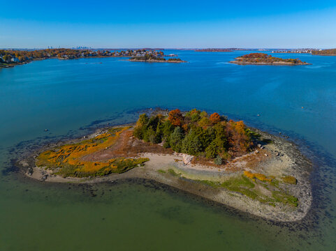 Button Island in fall aerial view in Hingham Harbor in town of Hingham near Boston, Massachusetts MA, USA. This Island belongs to Boston Harbor Islands Park. 